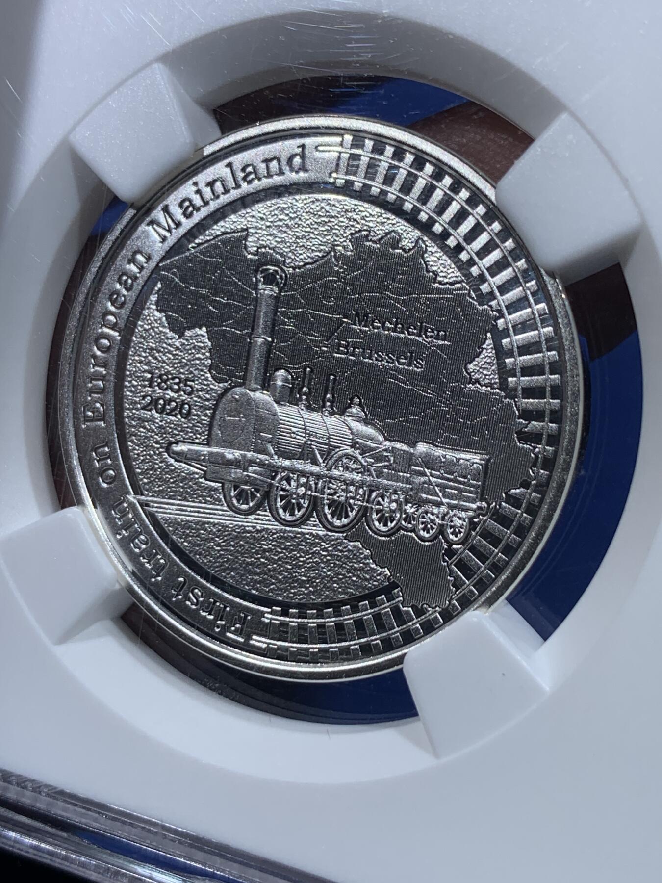 《竞宝斋》第438场 周日，周一，周二 3场连拍 （全场包邮） 首期 NGC PF70UC 比利时2020年欧洲大陆首列火车运行185周年5欧元精制银币（首次采用Multiview多维视图技术，在不同的角度，会看到三幅不同的画面效果。正面观看为火车本体，向右侧偏转会在空白处看到铁路运行图，向左侧偏转会看到三列始发火车名称及运行地点。）带盒证。