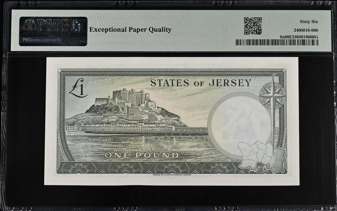 【礼羽收藏】🌏世界钱币拍卖第112期 【戎装女王】泽西岛1963年1镑 PMG66 	 奥格尔山城堡 稀少a版a签，大多为b版