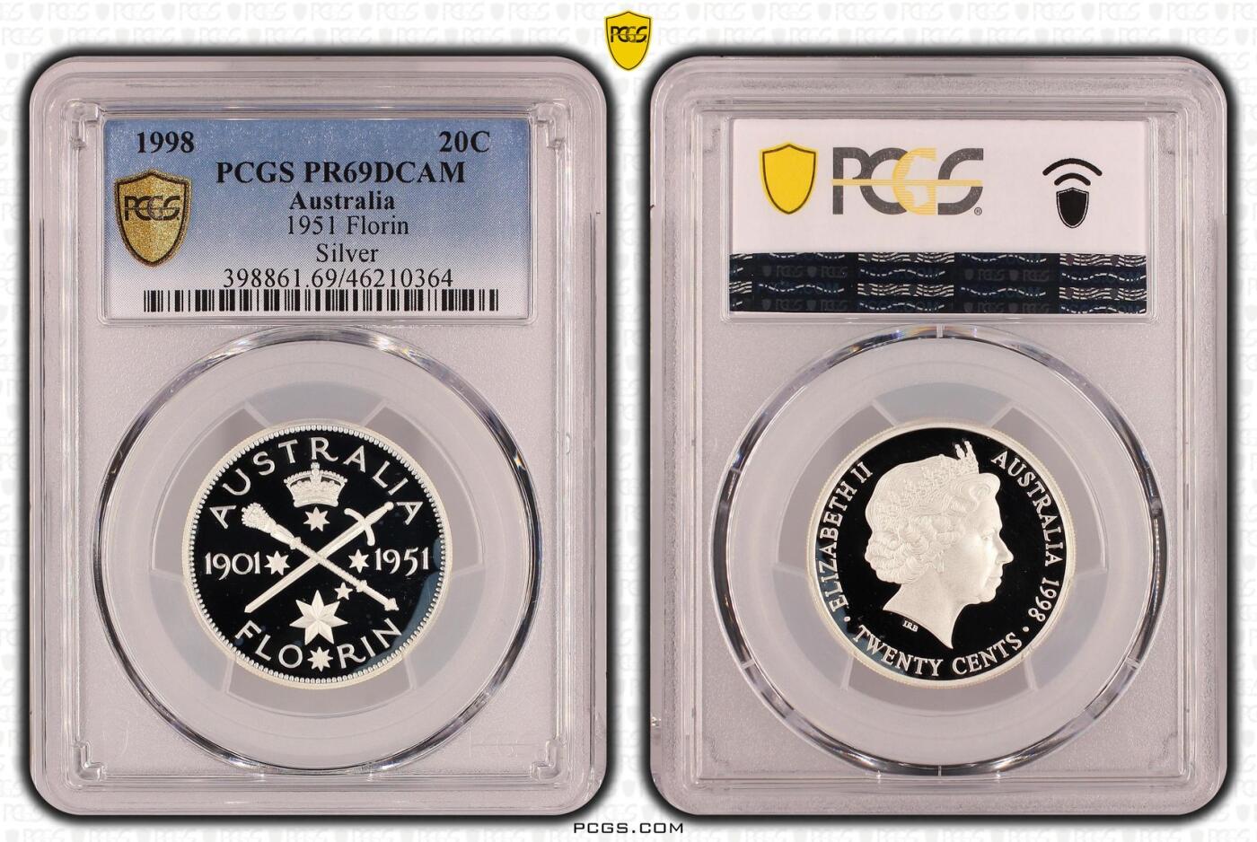 PThappally收藏第54次拍卖，英联邦地区硬币纸币 澳大利亚 1998 20分   13.36g 银币 PCGS PR69DCAM