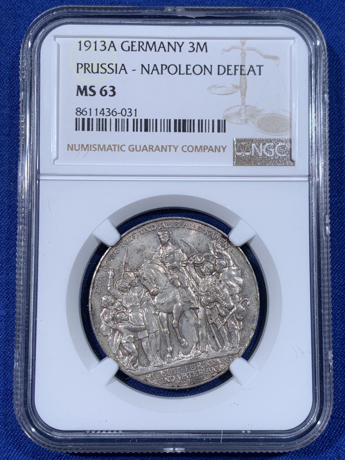《竞宝斋》第438场 周日，周一，周二 3场连拍 （全场包邮） NGC MS63 德国1913年普鲁士战胜拿破仑纪念3马克银币