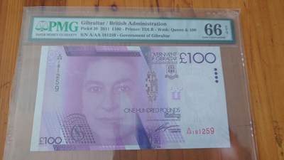 世界钱币～微拍第215期暨2025年第55期  双11评级币特惠拍第二场 - 2011年直布罗陀100镑 纸币首发AAA冠无47 PMG66E