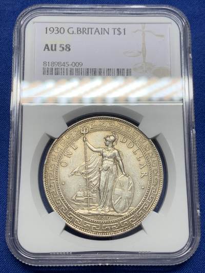 《竞宝斋》第438场 周日，周一，周二 3场连拍 （全场包邮） - NGC AU58 英国 1930年 无字版 站洋 大银币 原味状态性价比之选