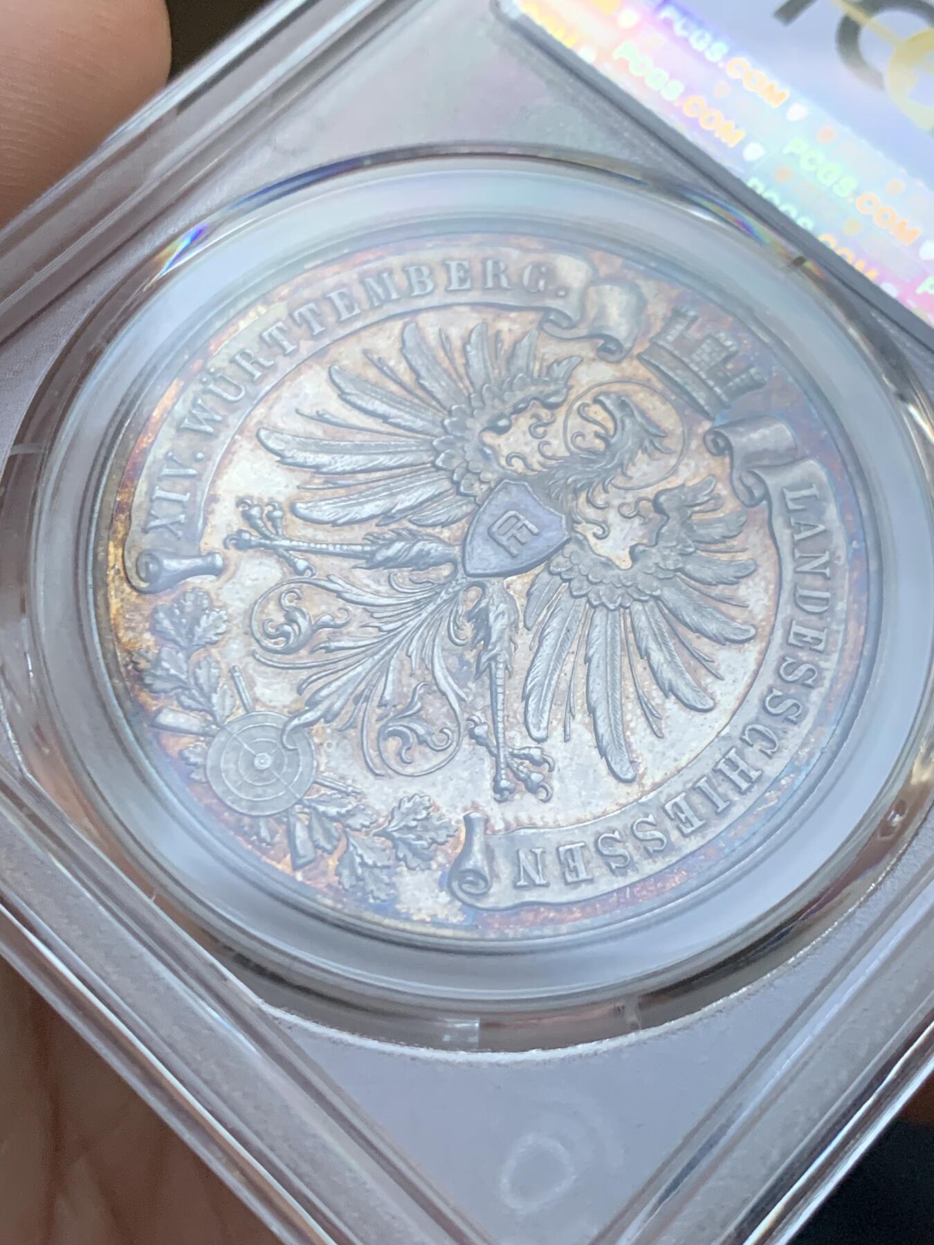 《竞宝斋》第438场 周日，周一，周二 3场连拍 （全场包邮） PCGS MS61 德国 1905年 符腾堡 射击节景观银章 高精细节 五彩包浆 目测低评了