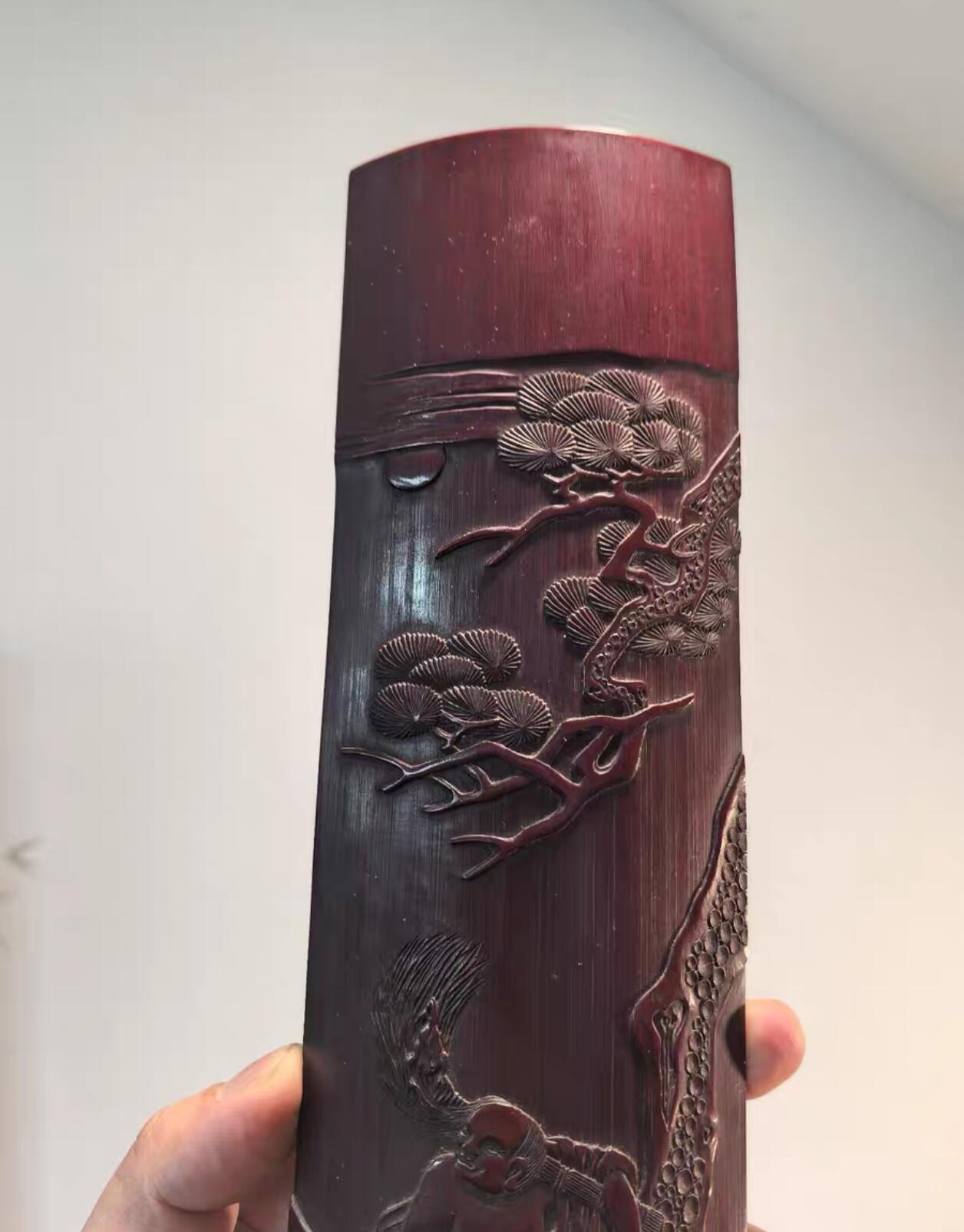 兰馨堂古玩杂项专场 老竹雕名家刘海戏金蟾臂搁茶则摆件  