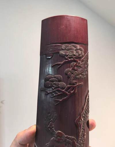 老竹雕名家刘海戏金蟾臂搁茶则摆件  