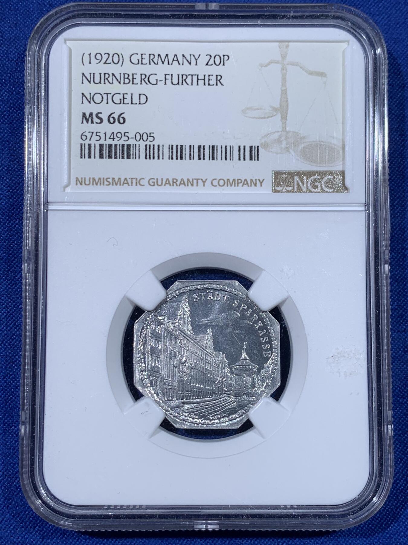 《竞宝斋》第438场 周日，周一，周二 3场连拍 （全场包邮） NGC MS66 德国1920年紧急状态时期纽伦堡20芬尼代用币