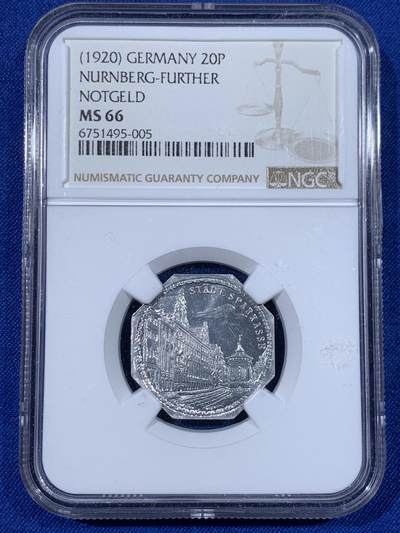 《竞宝斋》第438场 周日，周一，周二 3场连拍 （全场包邮） - NGC MS66 德国1920年紧急状态时期纽伦堡20芬尼代用币