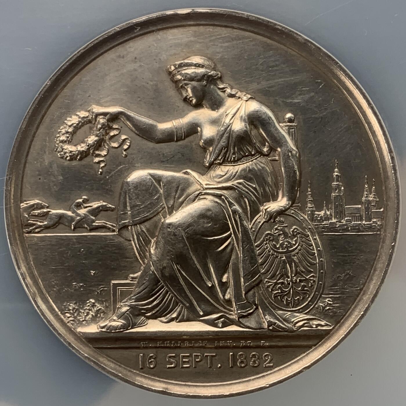 掌中浮雕-藏着的欧洲第042场 NGC UNC : 1882年西里西亚赛马俱乐部成立50周年银章，Emil Weigand 和 Friedrich Wilhelm Kullrich雕刻，50mm
