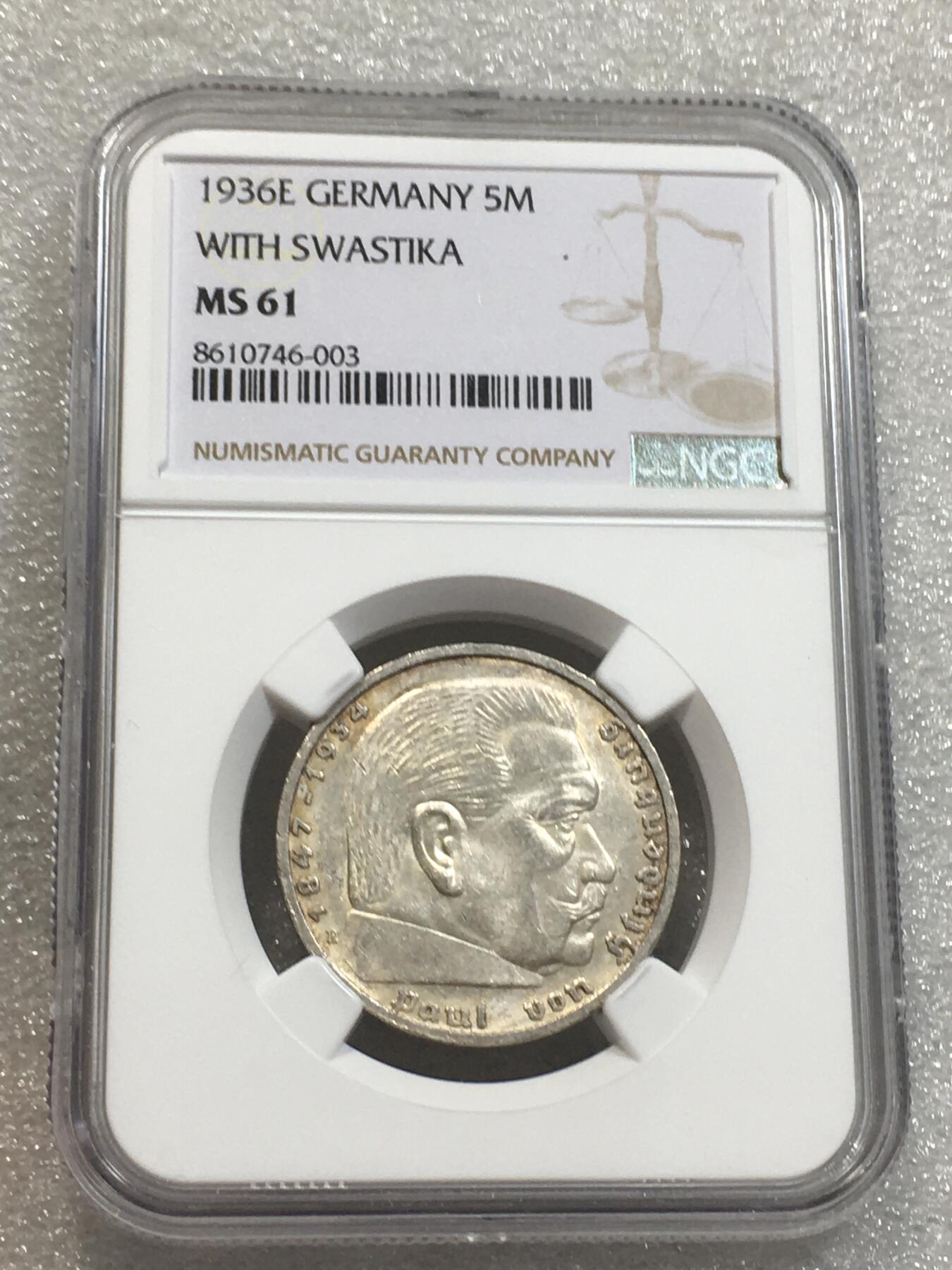 世界钱币专场拍卖 每周二开拍 NGCMS61德国1936年E厂兴登堡5马克银币
