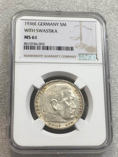 世界钱币专场拍卖 每周二开拍 - NGCMS61德国1936年E厂兴登堡5马克银币