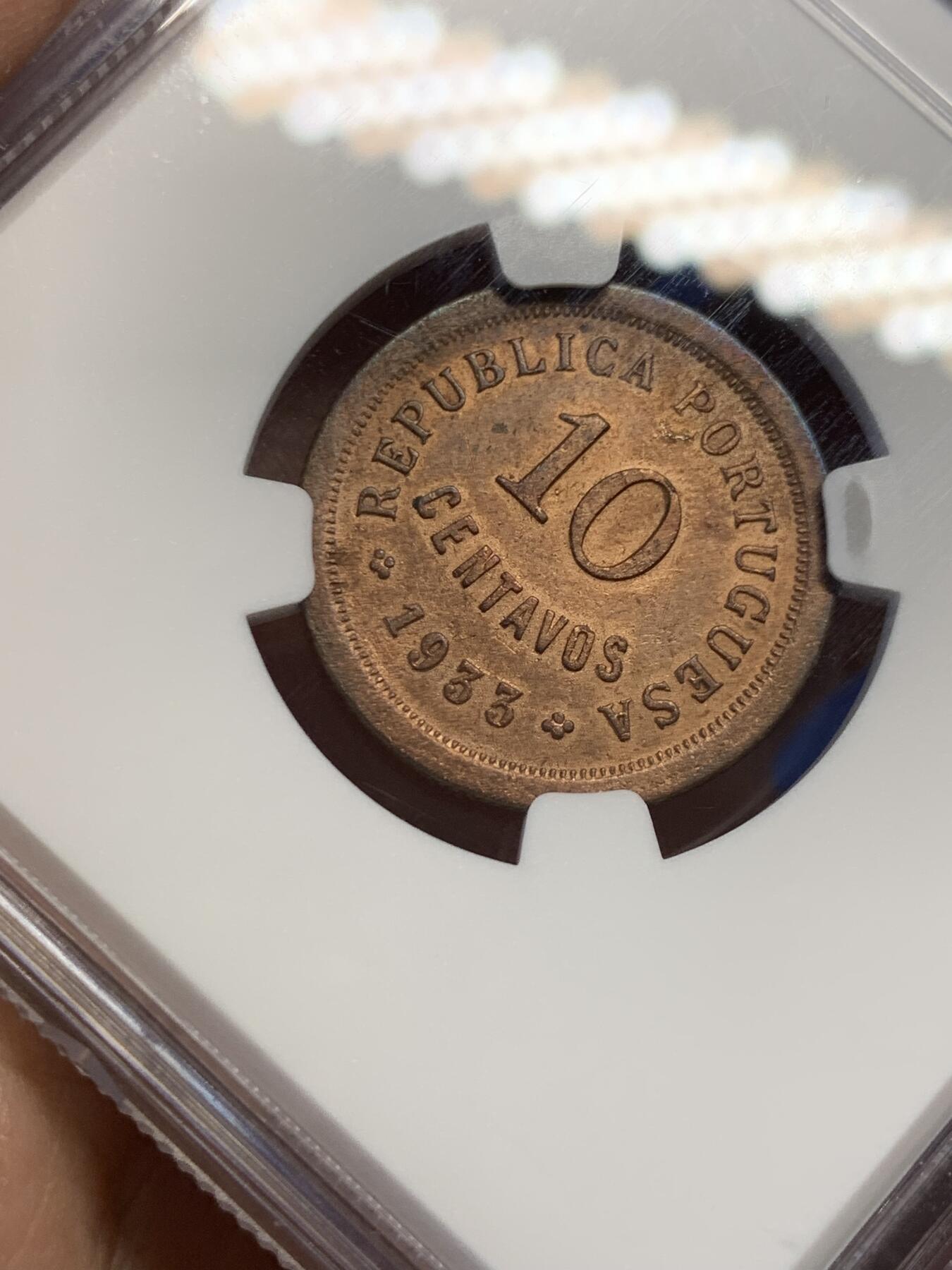 《竞宝斋》第438场 周日，周一，周二 3场连拍 （全场包邮） NGC UNC 葡属几内亚 1933年 10分铜币 全套最少得一枚 总筋