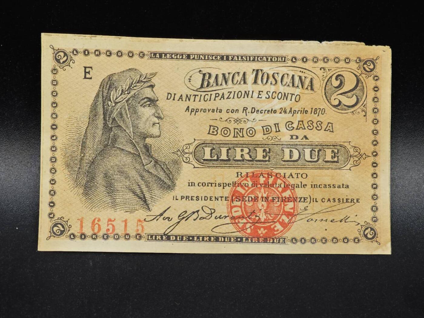 【淘币小摊】限时拍第八百拍  纸币场  满百包邮可预留两周  周一统一发货  意大利托斯卡纳1870年2里拉