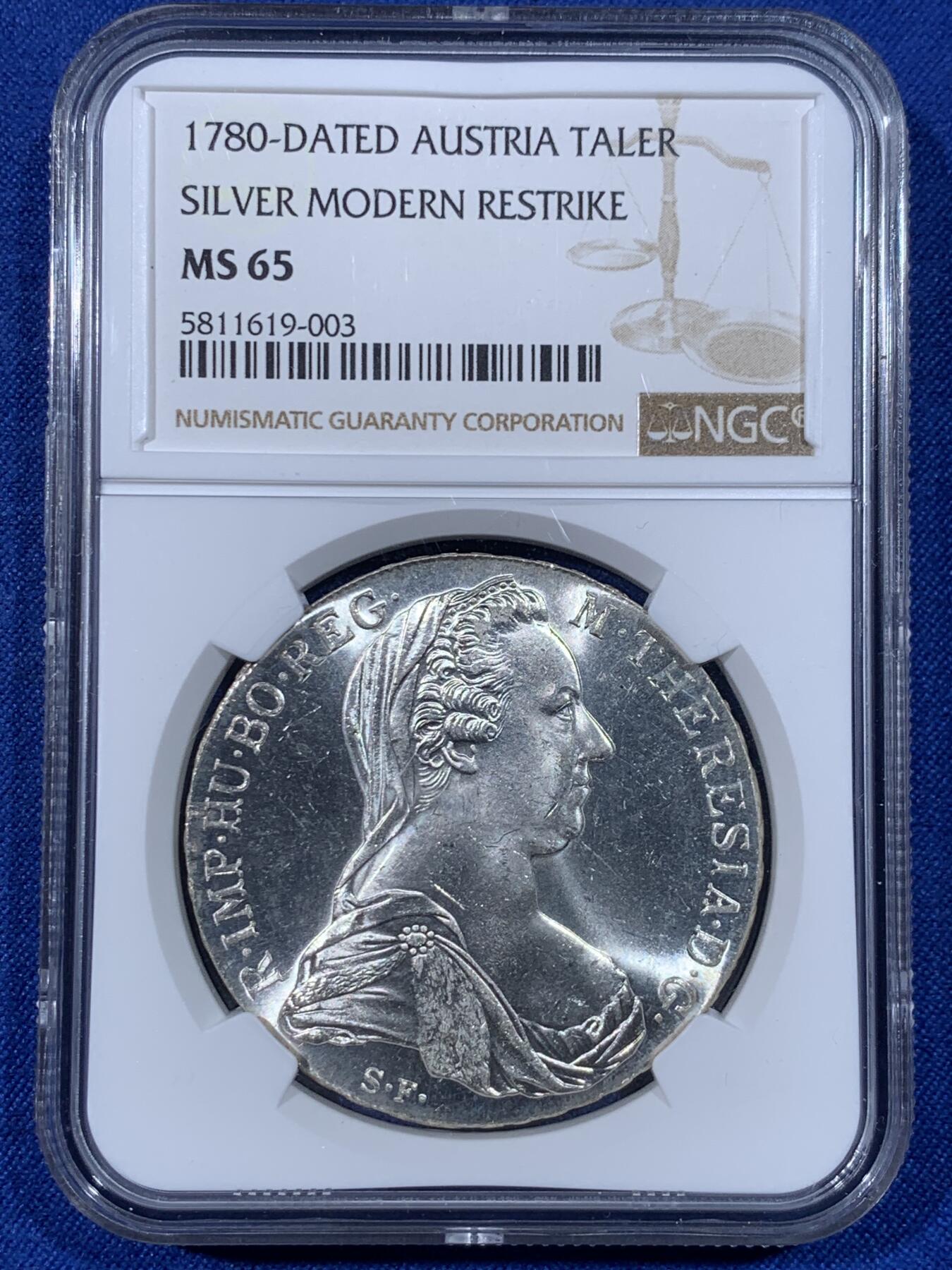 《竞宝斋》第438场 周日，周一，周二 3场连拍 （全场包邮） NGC MS65 奥匈帝国1780年玛利亚特蕾西亚1泰勒大奶妈银币 后铸版