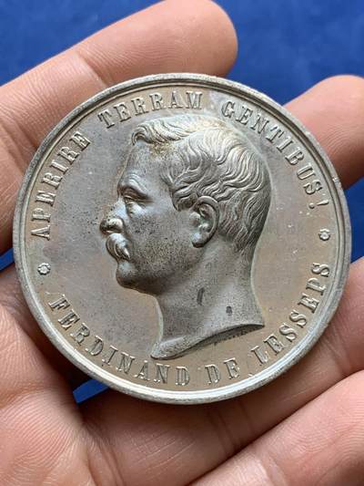 《竞宝斋》第438场 周日，周一，周二 3场连拍 （全场包邮） 1869年苏伊士运河开通纪念章，43.9克，49.3mm，合金材质，正面人物斐迪南·德·雷赛布。