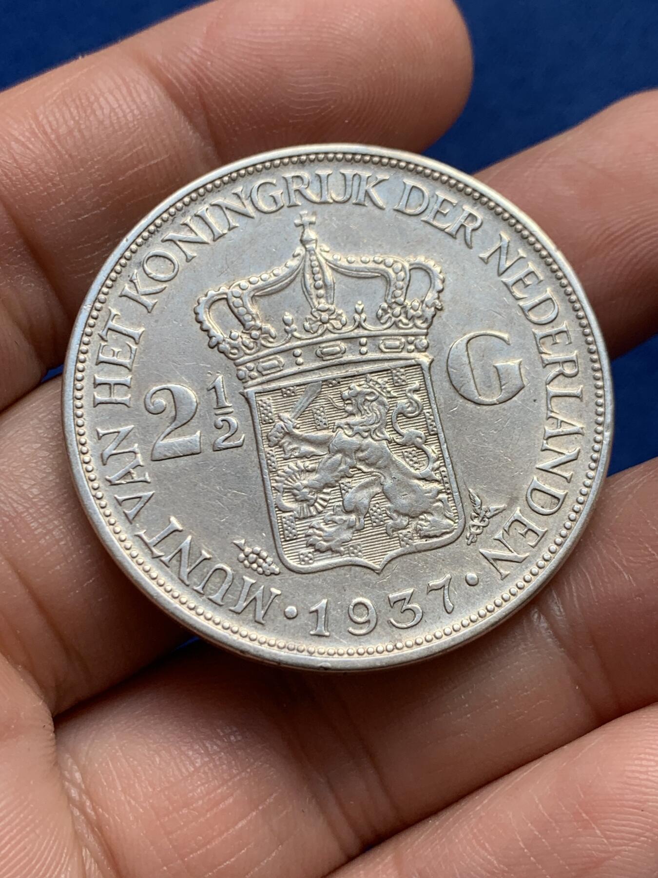 《竞宝斋》第438场 周日，周一，周二 3场连拍 （全场包邮） 荷兰1937年威廉敏娜女王2.5盾大银币