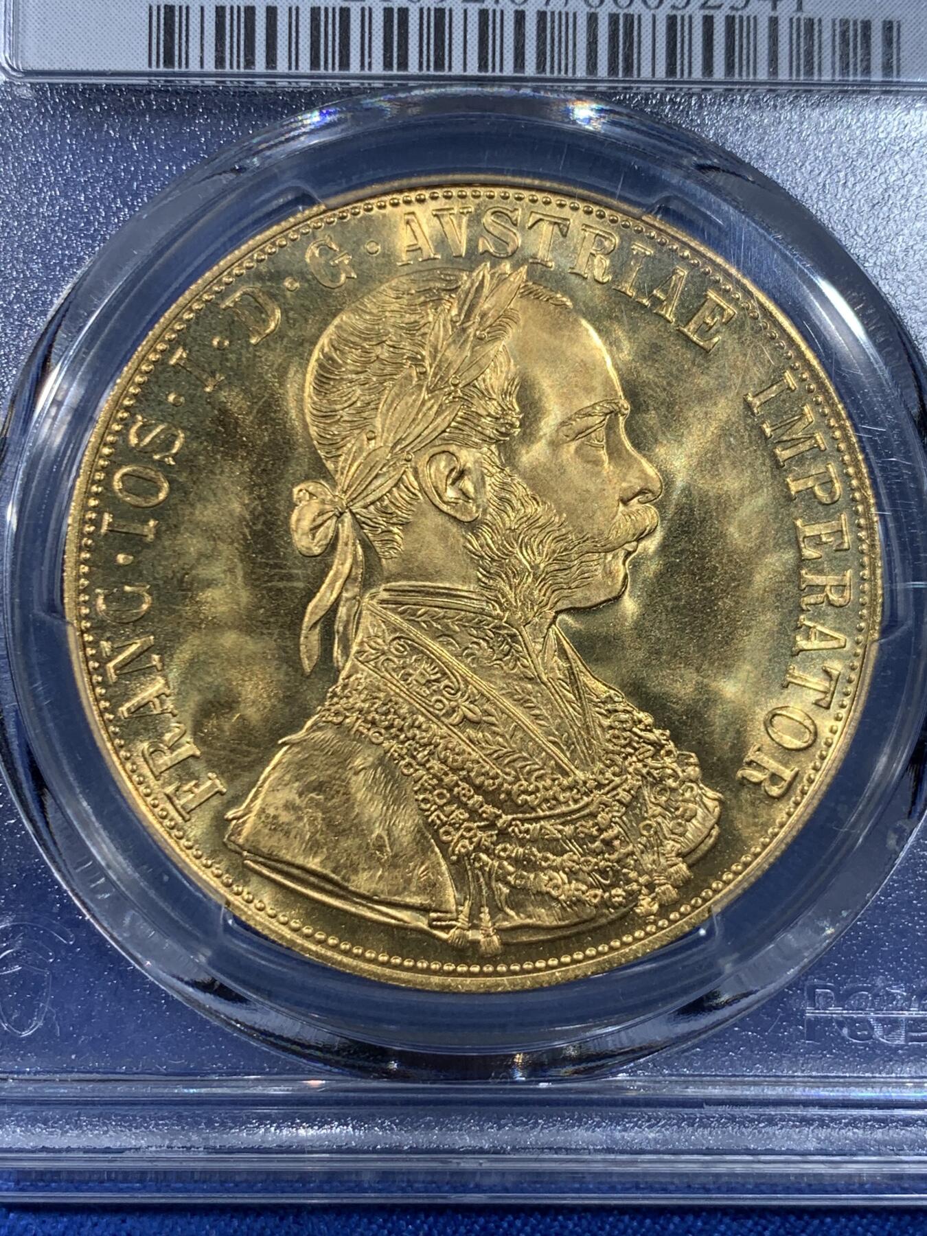 《竞宝斋》第438场 周日，周一，周二 3场连拍 （全场包邮） PCGS MS67 奥地利1915年弗朗茨一世4杜卡特金币，后铸版，13.96克，986金，季军分。