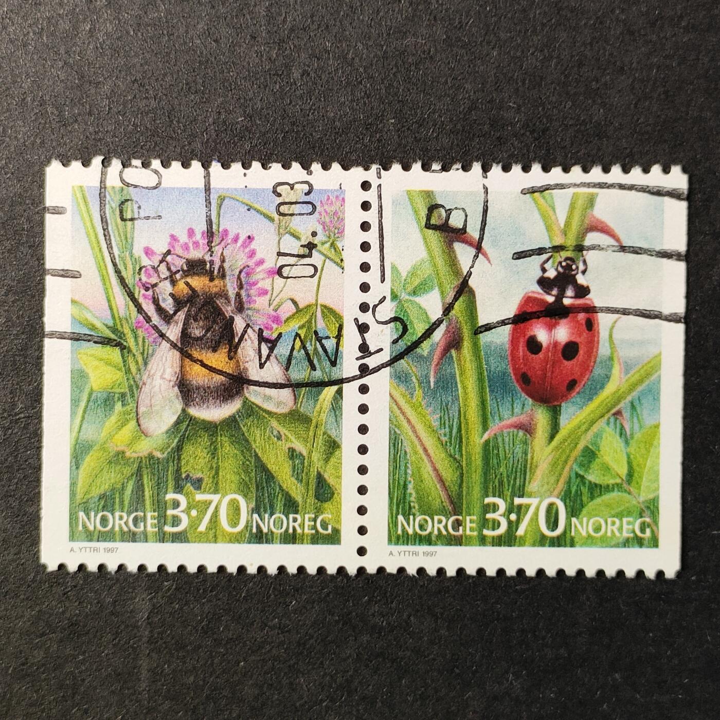 ↓君缘收藏655期☞钱币邮品↓无佣金、可寄存、满30元包邮  挪威邮票，1997年昆虫 蜜蜂瓢虫邮票连票2全