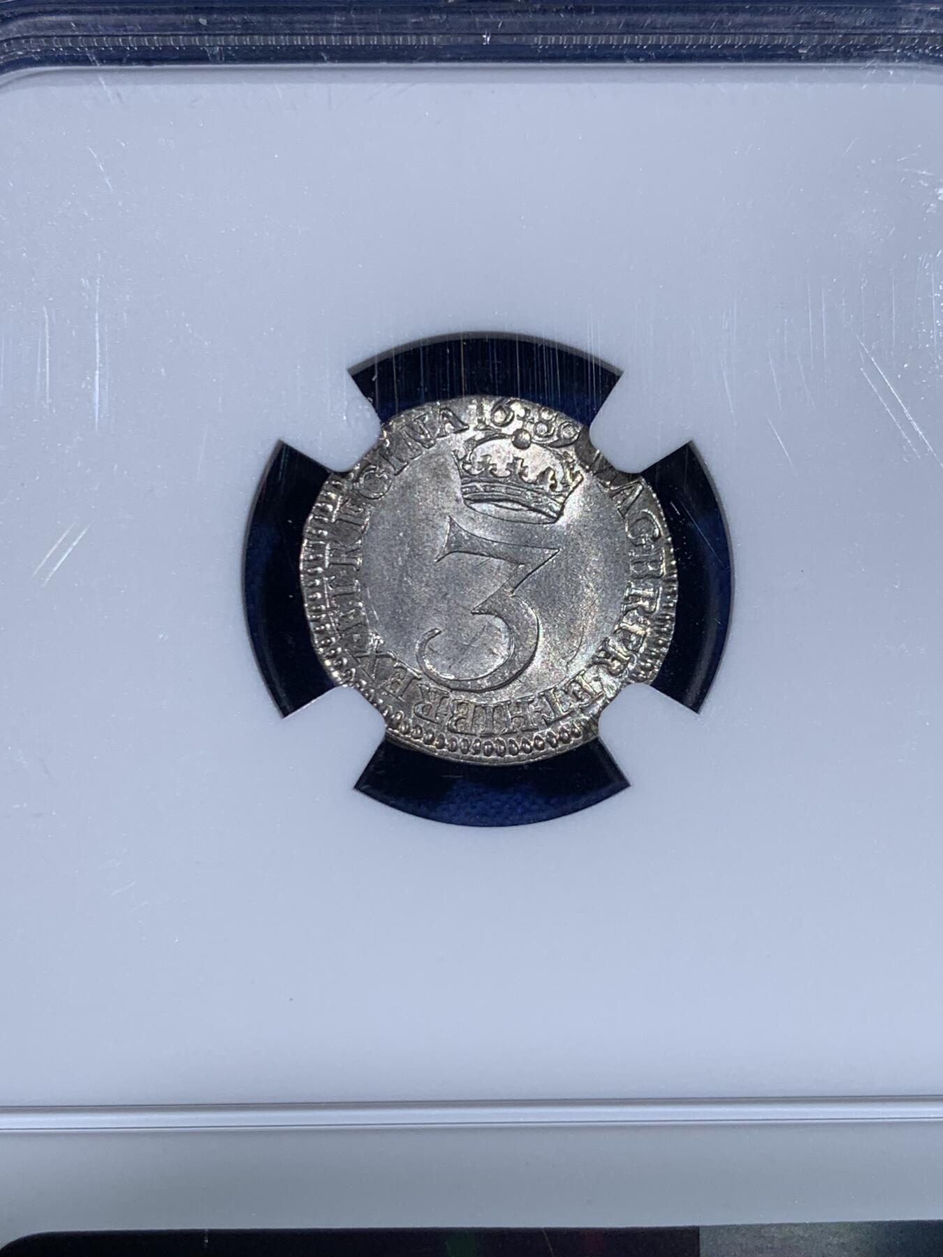 《竞宝斋》第438场 周日，周一，周二 3场连拍 （全场包邮） NGC MS64 英格兰1689年威廉&玛丽3便士 唯一冠军分！ MS以上仅2枚，63分1枚，64分1枚。