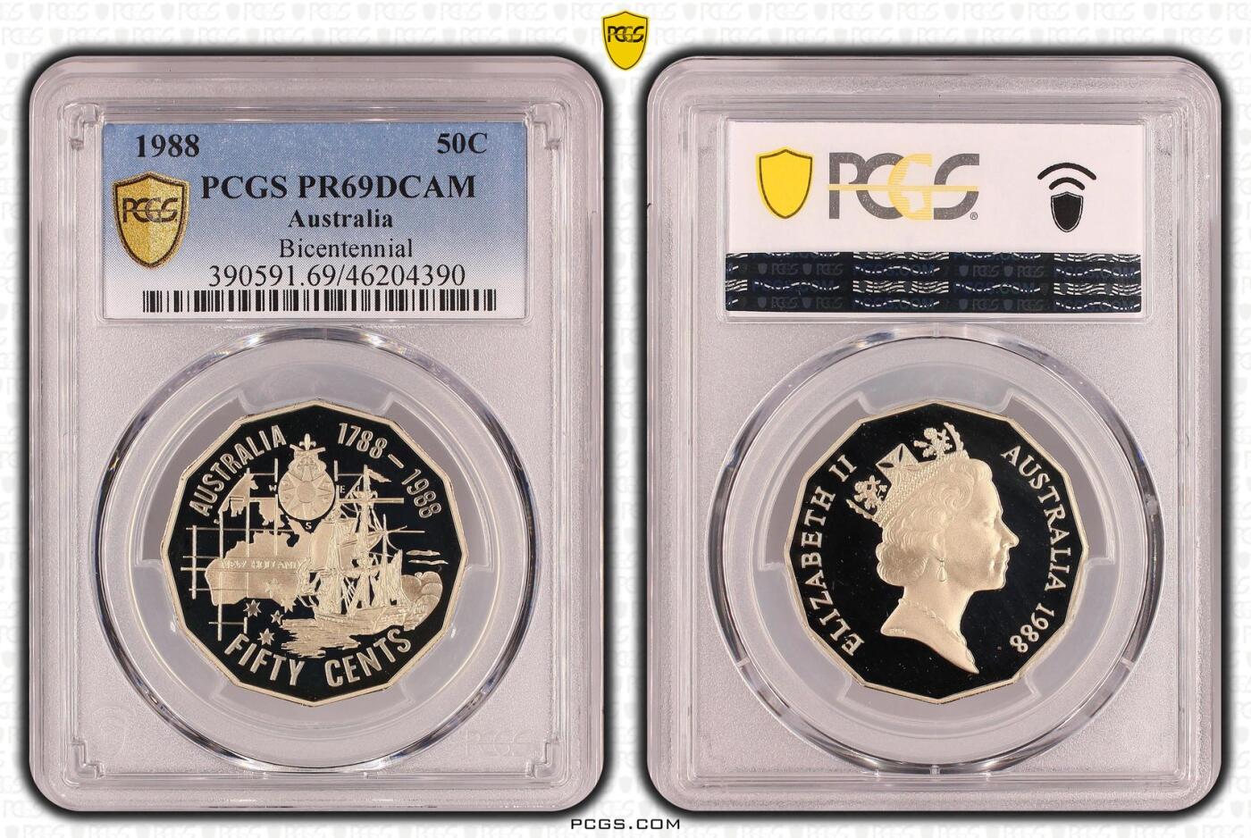 PThappally收藏第54次拍卖，英联邦地区硬币纸币 澳大利亚 1988 50分 15.55g  铜镍币  PCGS PR69DCAM