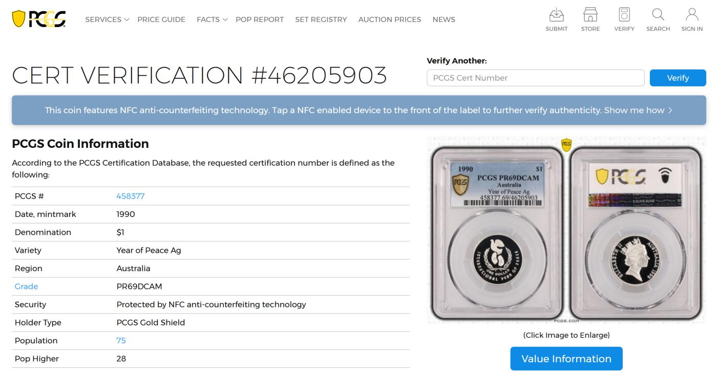 PThappally收藏第54次拍卖，英联邦地区硬币纸币 澳大利亚 1990 1澳元  11.49g 银币 PCGS PR69DCAM