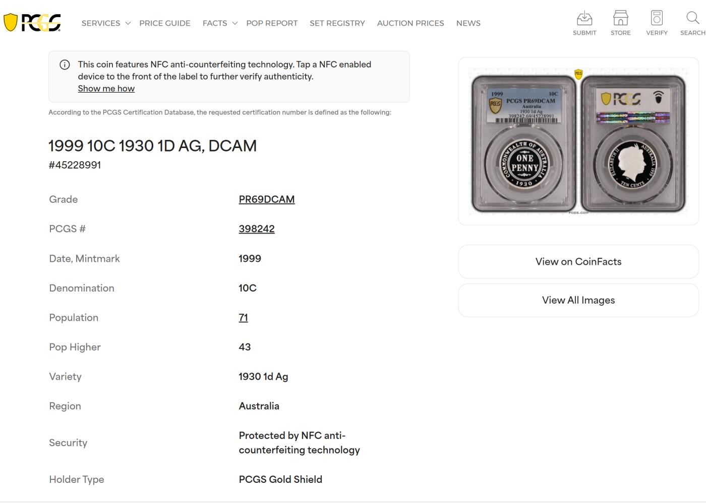 PThappally收藏第54次拍卖，英联邦地区硬币纸币 澳大利亚 1999 10分 8.36 g 银币 PCGS PR69DCAM