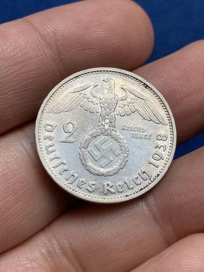 《竞宝斋》第438场 周日，周一，周二 3场连拍 （全场包邮） 德国 1938年 兴登堡 2马克 银币 厂别少见