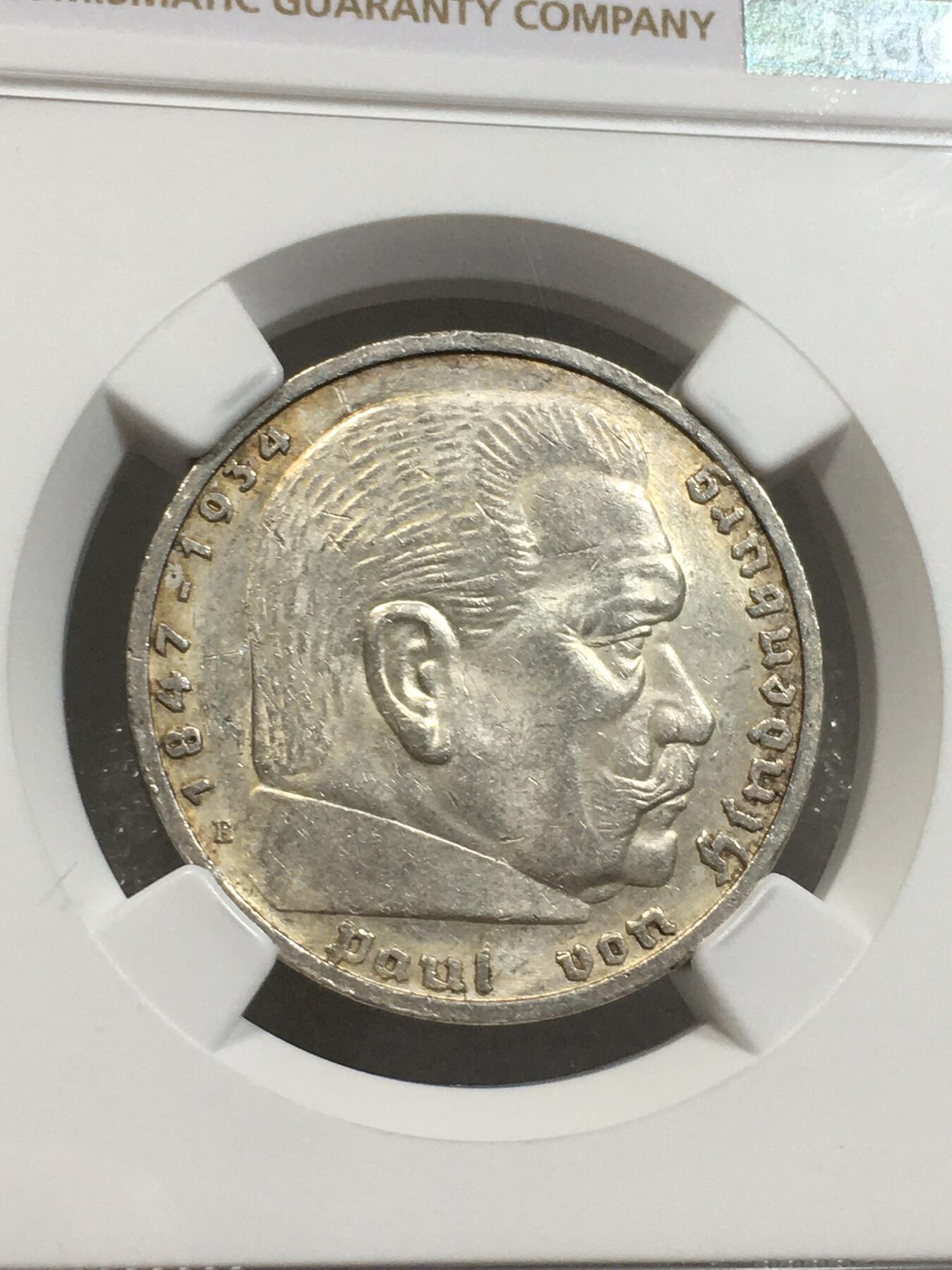 世界钱币专场拍卖 每周二开拍 NGCMS61德国1936年E厂兴登堡5马克银币