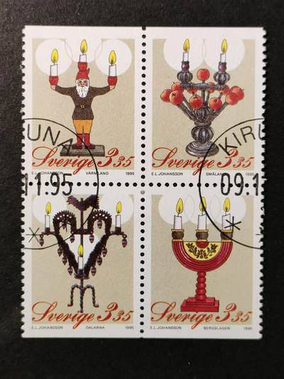 ↓君缘收藏655期☞钱币邮品↓无佣金、可寄存、满30元包邮  - 瑞典邮票，1995年圣诞节.烛台邮票方联4全