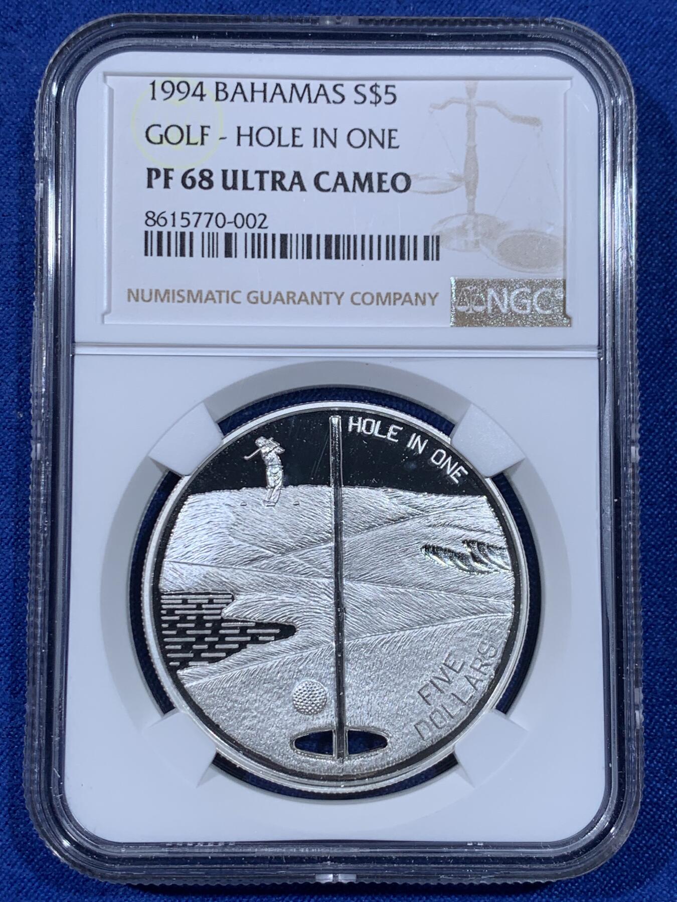 《竞宝斋》第438场 周日，周一，周二 3场连拍 （全场包邮） NGC PF68UC 巴哈马1994年一杆进洞5元精制纪念银币（克劳斯获奖币之1996年世界硬币大赛最佳创意币，1盎司克重，925银，38.61MM币径，发行量5万枚）
