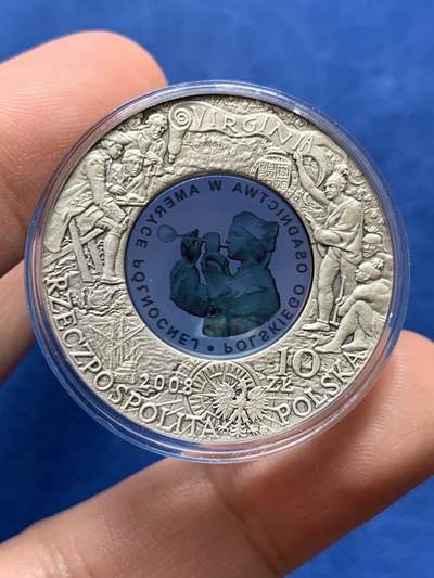《竞宝斋》第438场 周日，周一，周二 3场连拍 （全场包邮） 波兰2008年10兹罗提精制银币 波兰人在北美定居400周年（詹姆斯敦，美国也发行相应主题纪念币。中间是玻璃） 14.14克 925银