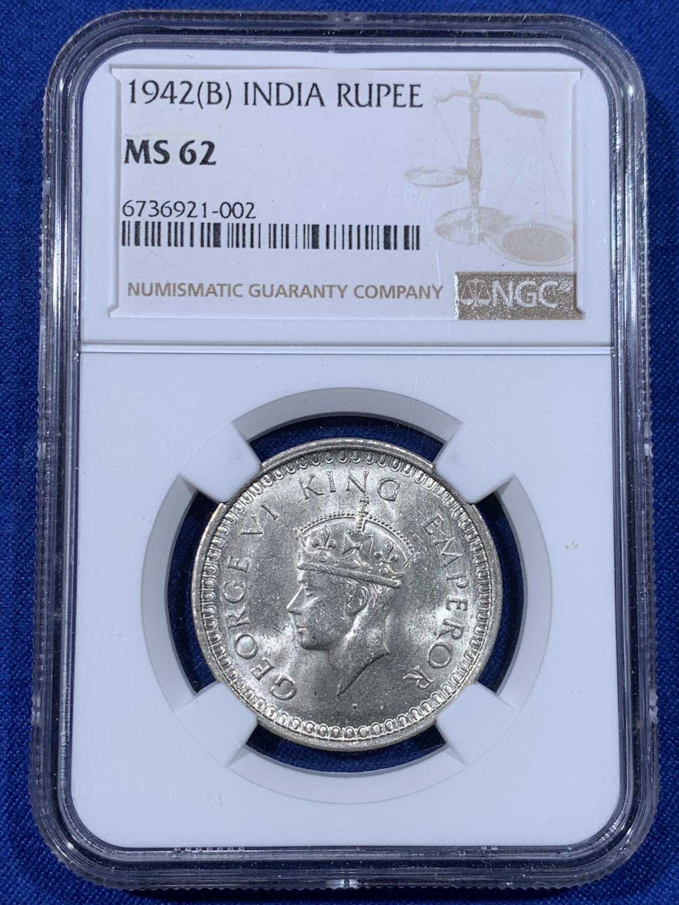 《竞宝斋》第438场 周日，周一，周二 3场连拍 （全场包邮） NGC MS62 英属印度 1942年 1卢比 乔治六世 经典品种 物美价廉