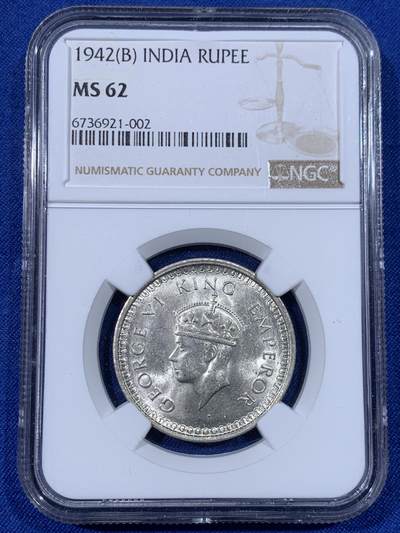 《竞宝斋》第438场 周日，周一，周二 3场连拍 （全场包邮） - NGC MS62 英属印度 1942年 1卢比 乔治六世 经典品种 物美价廉