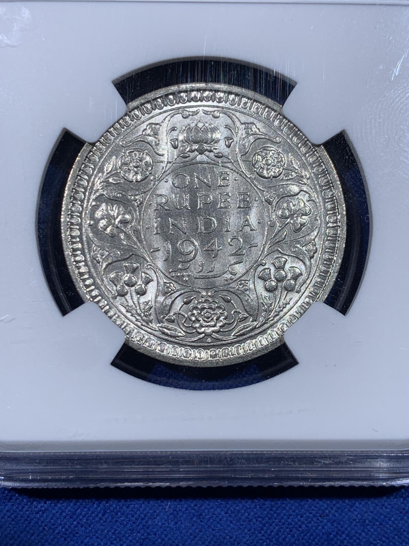 《竞宝斋》第438场 周日，周一，周二 3场连拍 （全场包邮） NGC MS62 英属印度 1942年 1卢比 乔治六世 经典品种 物美价廉