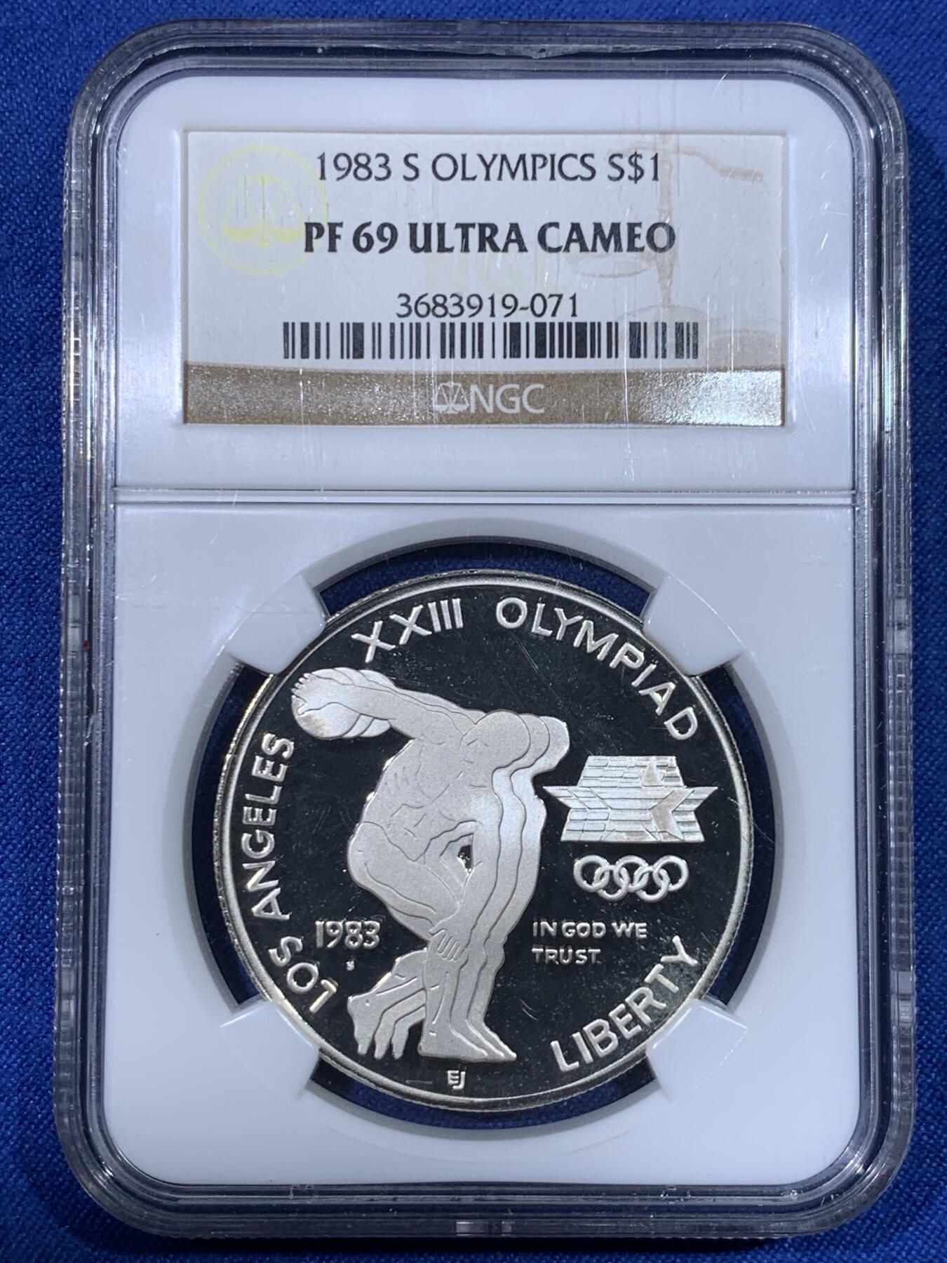 《竞宝斋》第438场 周日，周一，周二 3场连拍 （全场包邮） NGC PF69UC 美国1983年洛杉矶奥运掷铁饼者银币 获奖币