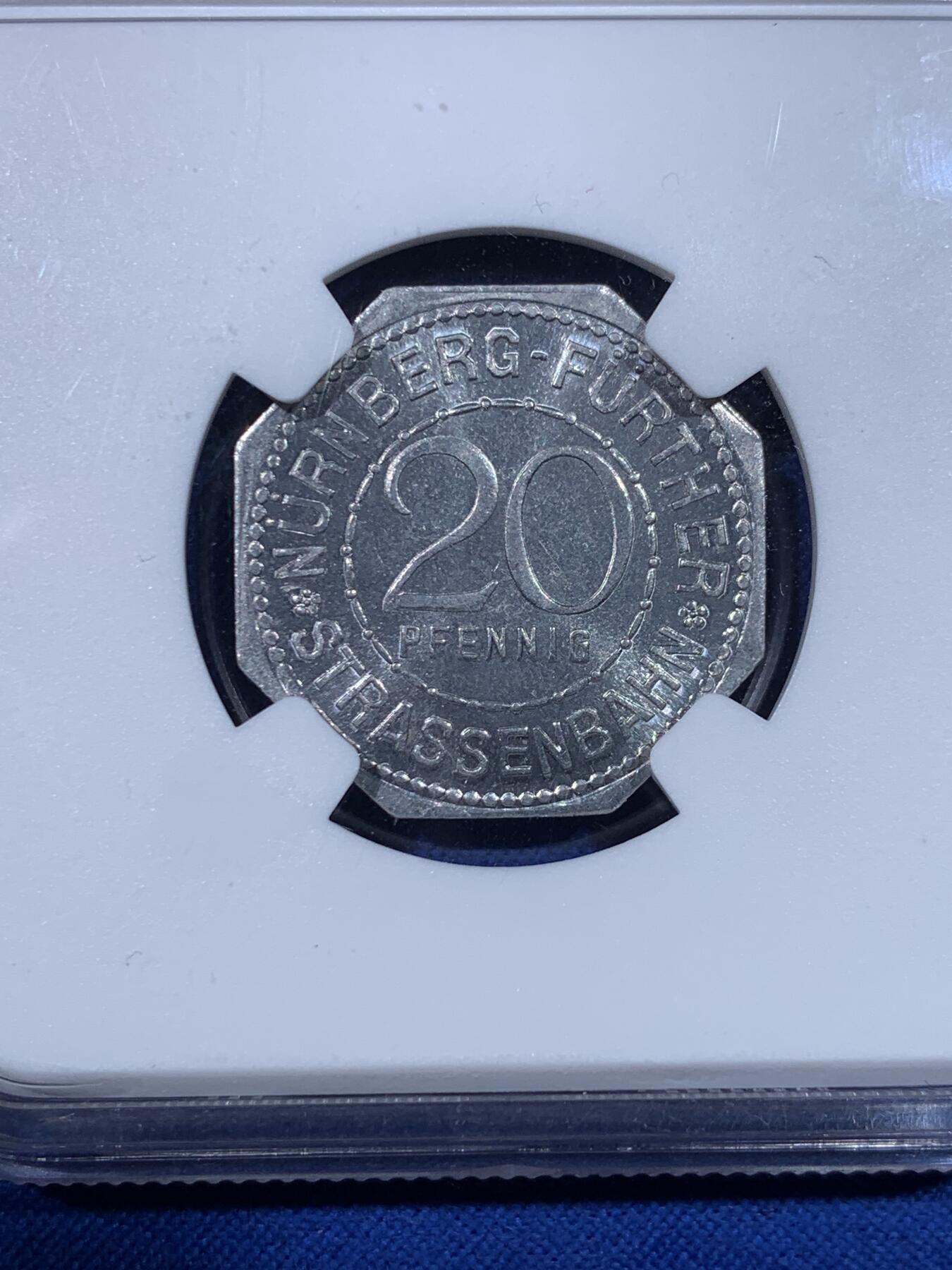 《竞宝斋》第438场 周日，周一，周二 3场连拍 （全场包邮） NGC MS66 德国1920年紧急状态时期纽伦堡20芬尼代用币