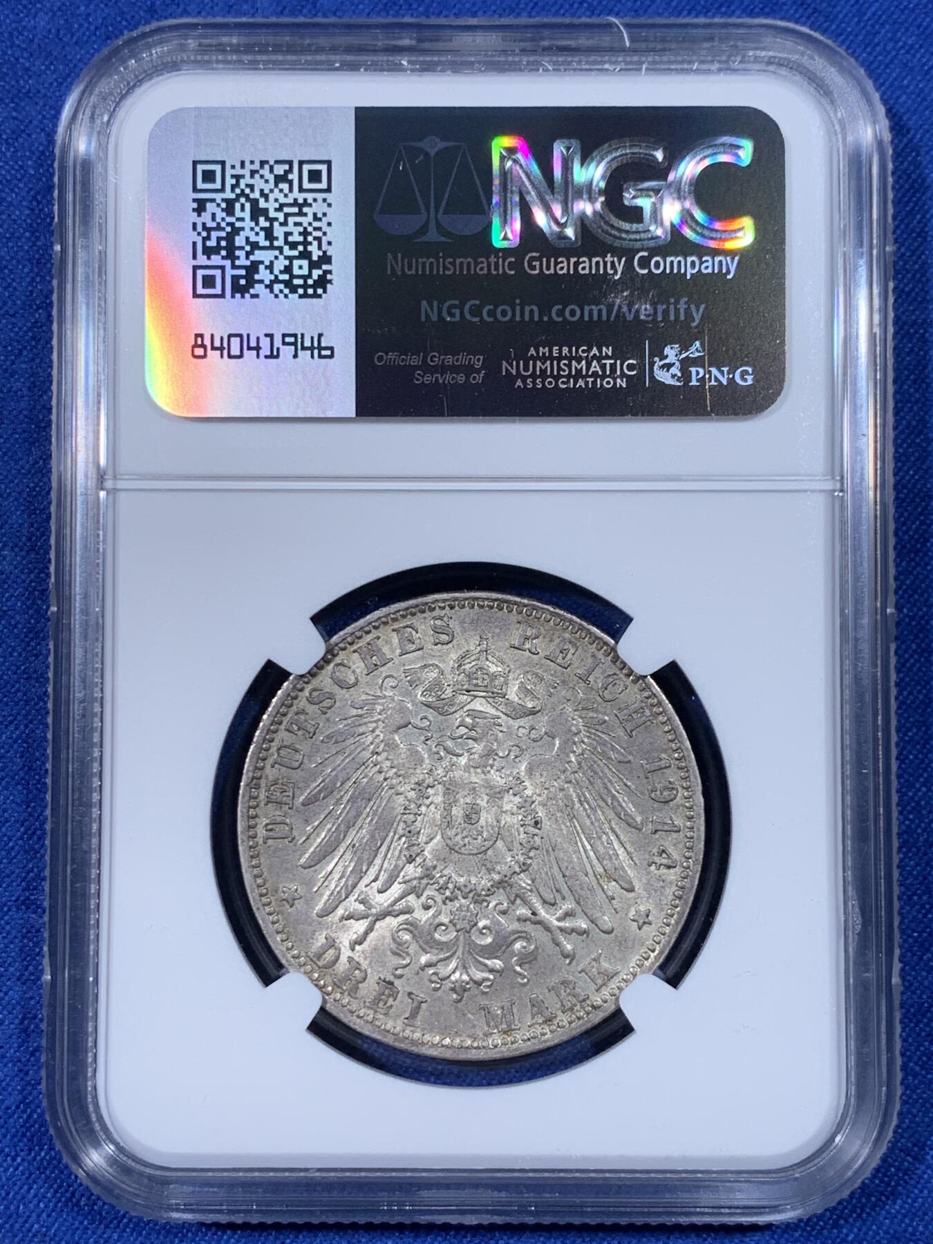 《竞宝斋》第438场 周日，周一，周二 3场连拍 （全场包邮） NGC MS62 德国 1914年 巴伐利亚 路德维希三世 3马克 银币