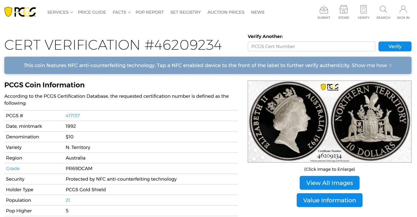 PThappally收藏第54次拍卖，英联邦地区硬币纸币 澳大利亚 1992 10澳元  20g  银币 PCGS PR69DCAM