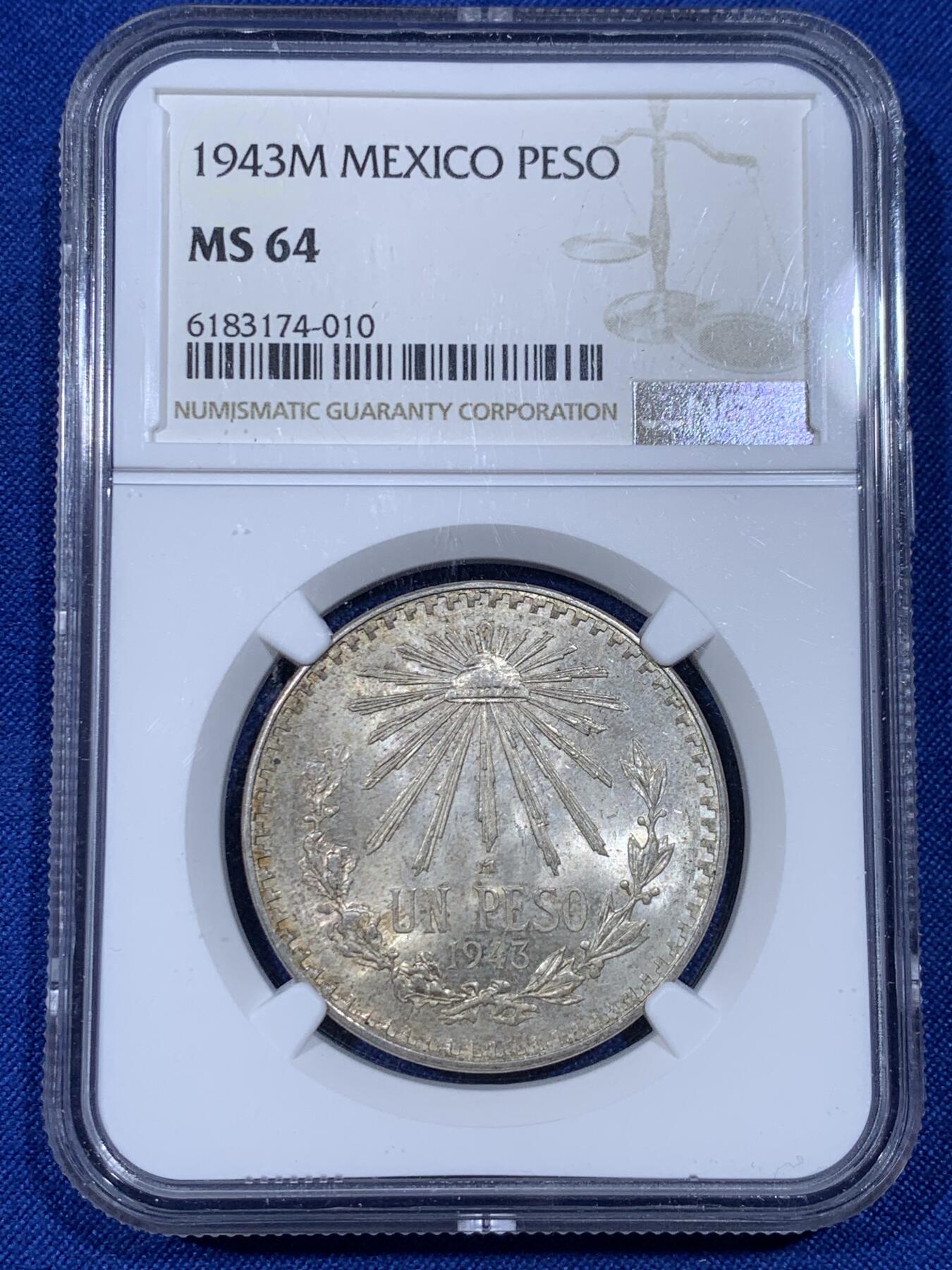 《竞宝斋》第438场 周日，周一，周二 3场连拍 （全场包邮） NGC MS64 墨西哥1943年草帽鹰洋1比索银币