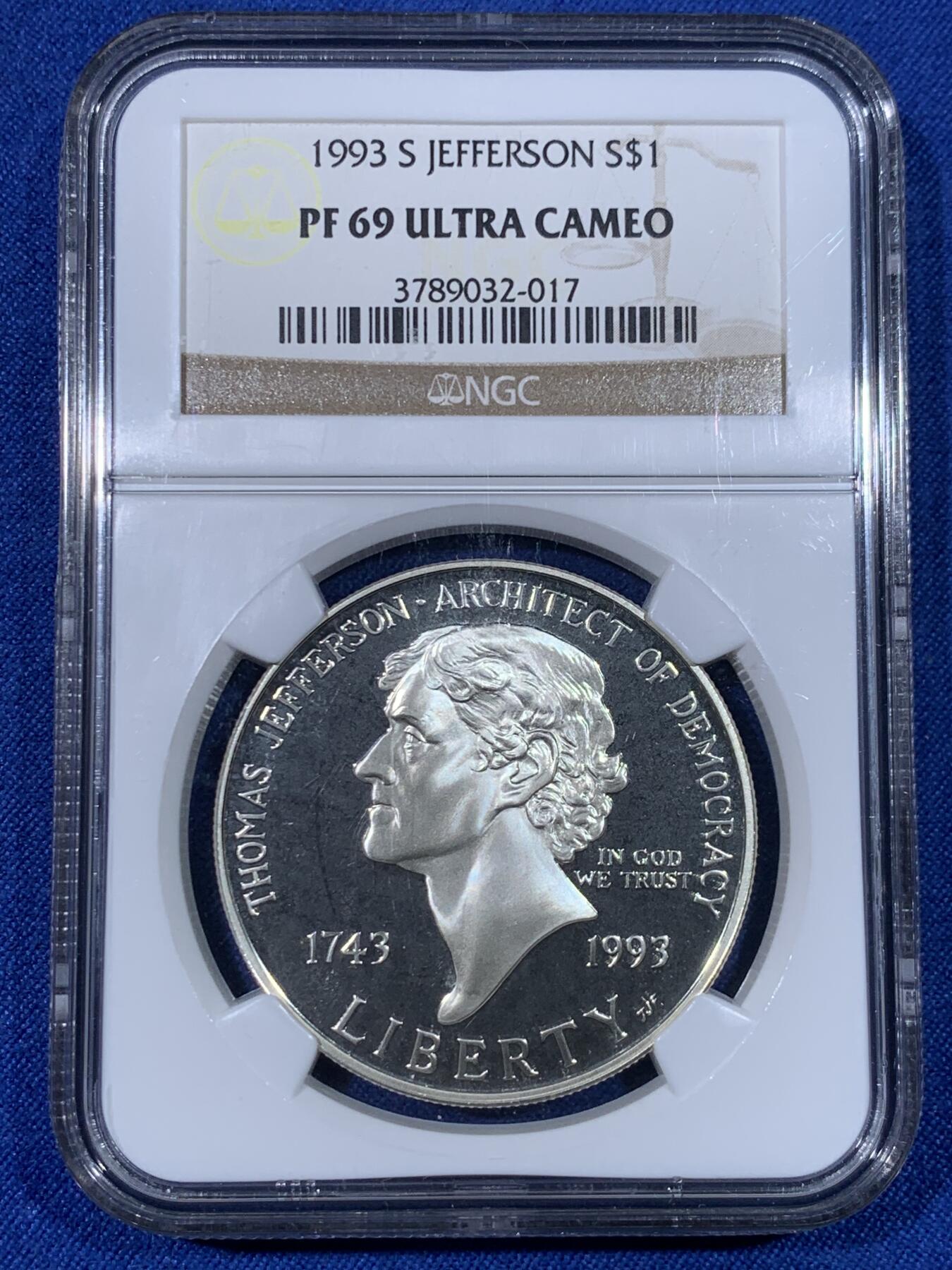 《竞宝斋》第438场 周日，周一，周二 3场连拍 （全场包邮） NGC PF69UC 美国1993年前总统杰弗逊及故居精制纪念银币