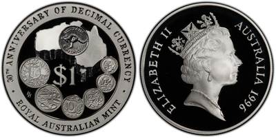 PThappally收藏第54次拍卖，英联邦地区硬币纸币 - 澳大利亚 1996 1澳元  31.10 g 银币 PCGS PR69DCAM