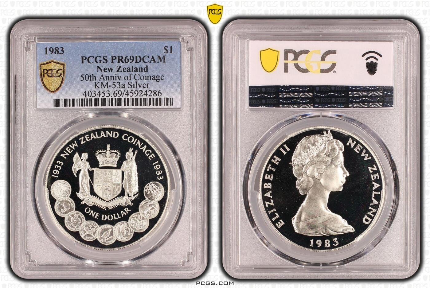 PThappally收藏第54次拍卖，英联邦地区硬币纸币 新西兰 1983 1元  27.216 g  银币 PCGS PR69DCAM