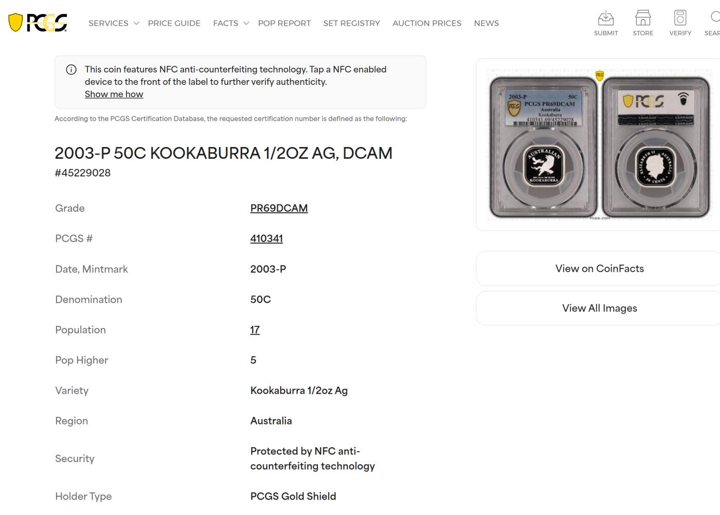 PThappally收藏第54次拍卖，英联邦地区硬币纸币 澳大利亚  2003 年  50 分  15.568g 银币  PCGS PR69DCAM