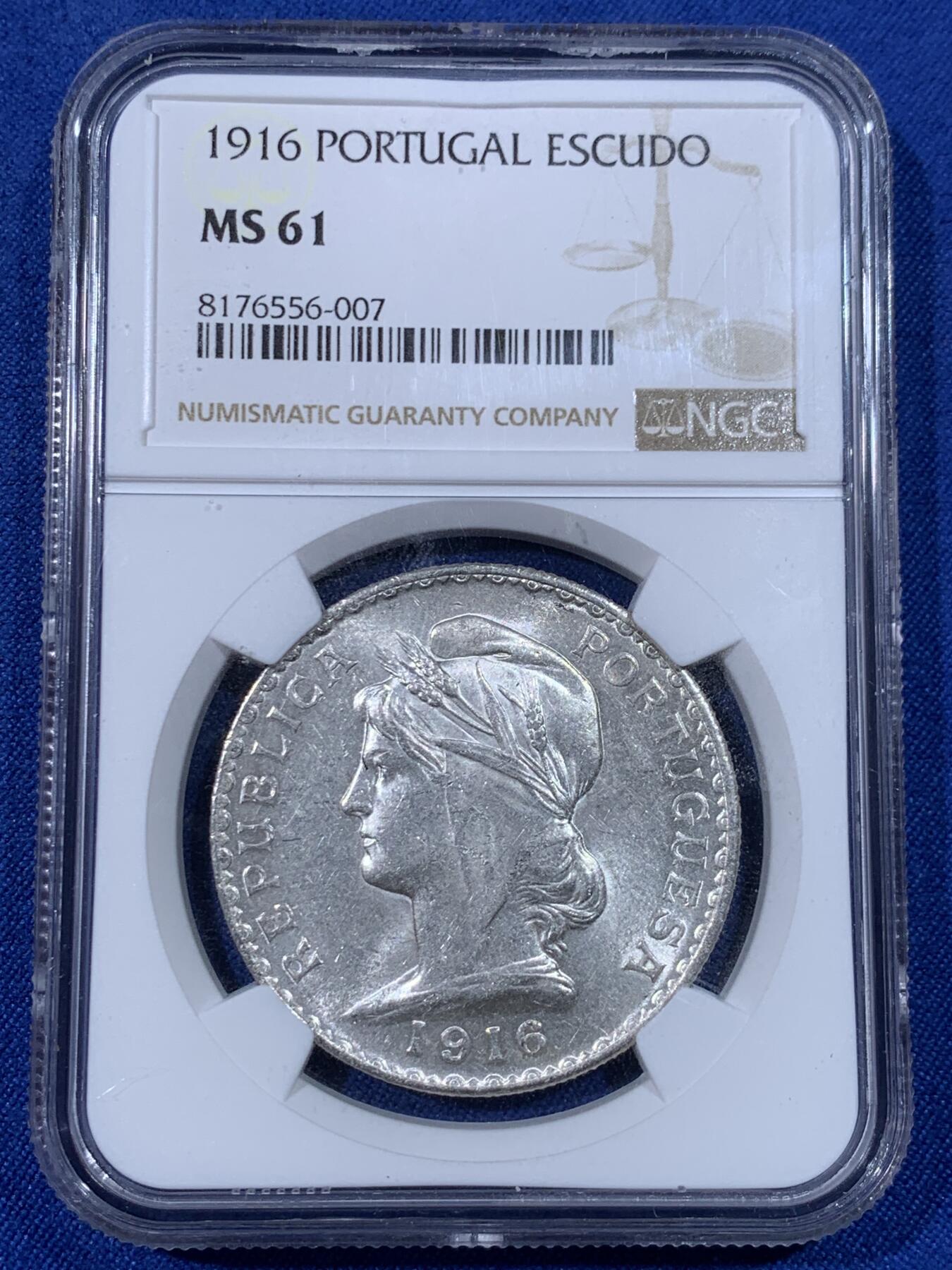 《竞宝斋》第438场 周日，周一，周二 3场连拍 （全场包邮） NGC MS61 葡萄牙1916年女神1埃斯库多银币，状态佳。