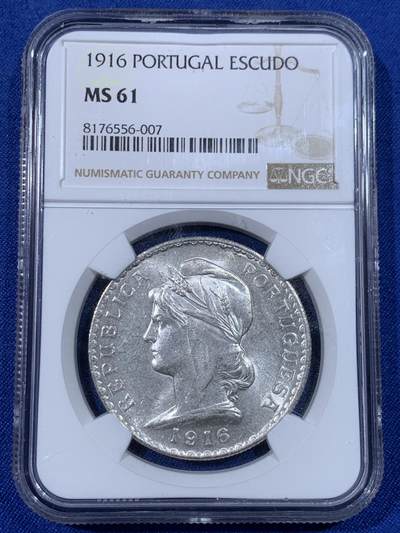 《竞宝斋》第438场 周日，周一，周二 3场连拍 （全场包邮） - NGC MS61 葡萄牙1916年女神1埃斯库多银币，状态佳。