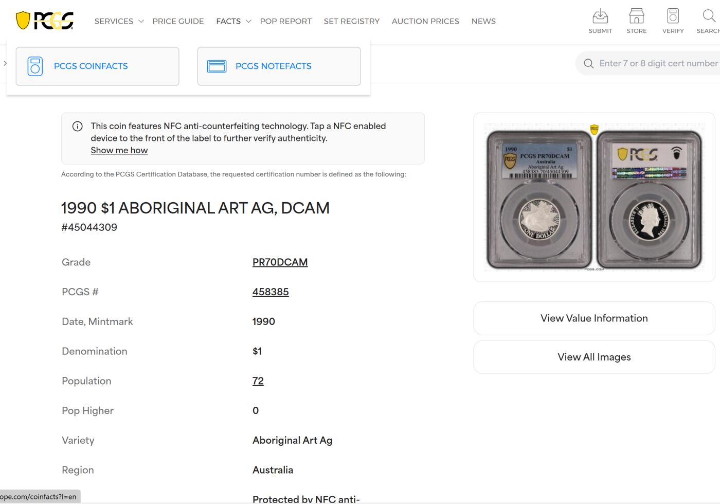 PThappally收藏第54次拍卖，英联邦地区硬币纸币 澳大利亚 1990 1澳元  11.49g  银币 PCGS PR70DCAM