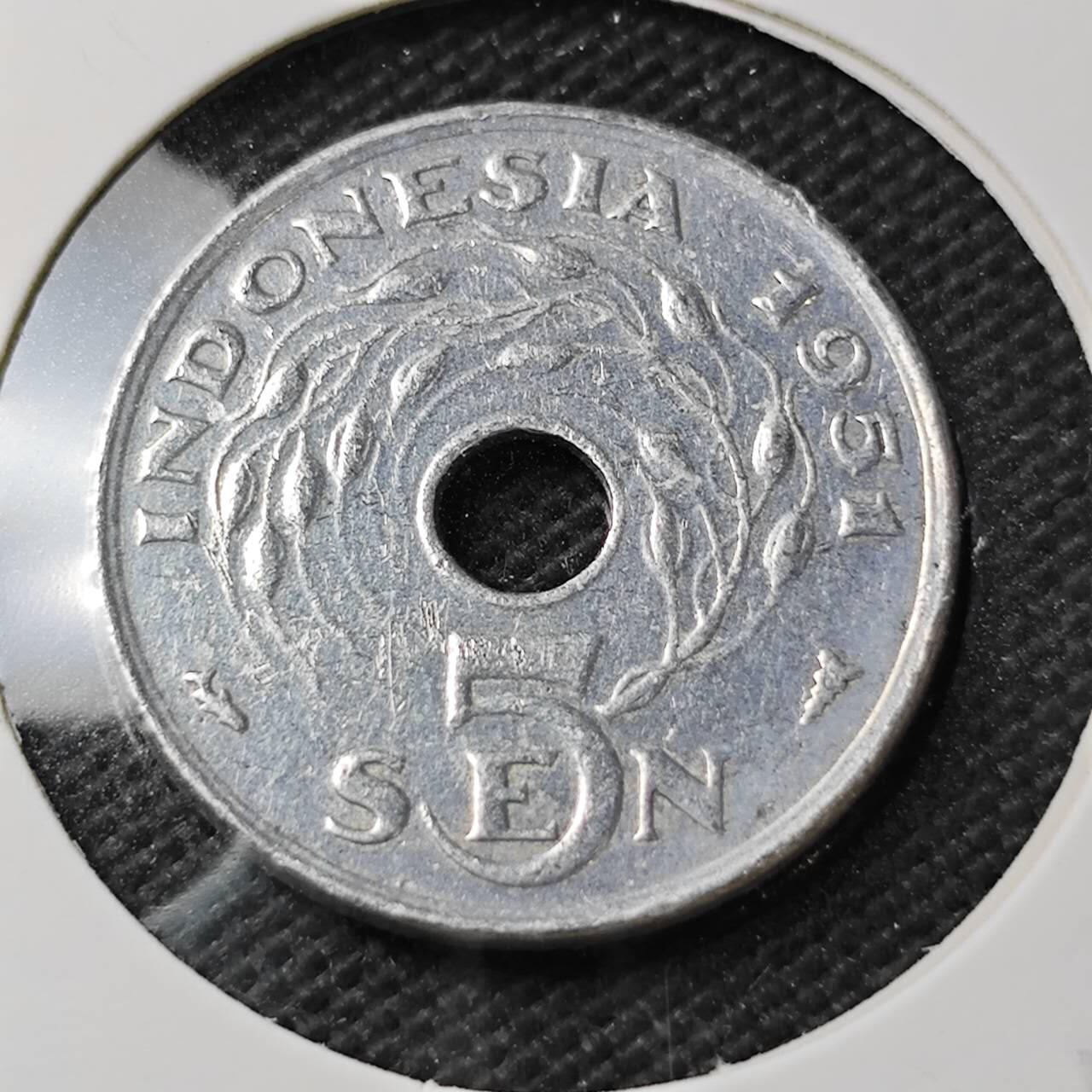 KK钱币收藏小铺  第371场  2月预留时间 周末发货  1951印度尼西亚5仙