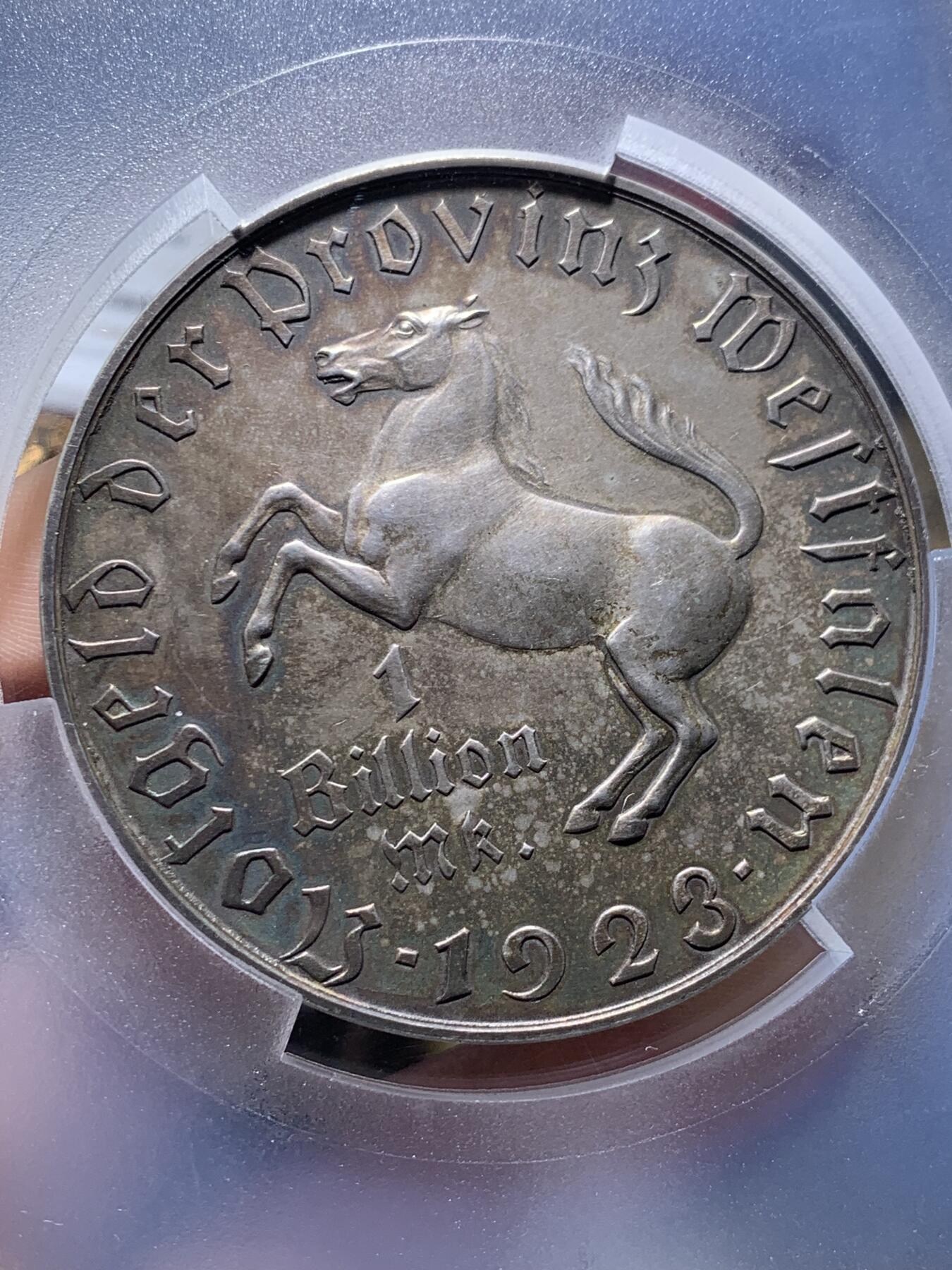 《竞宝斋》第438场 周日，周一，周二 3场连拍 （全场包邮） PCGS MS62 1923年德国威斯特法伦一万亿马克大马币 世界上面值最大的硬币