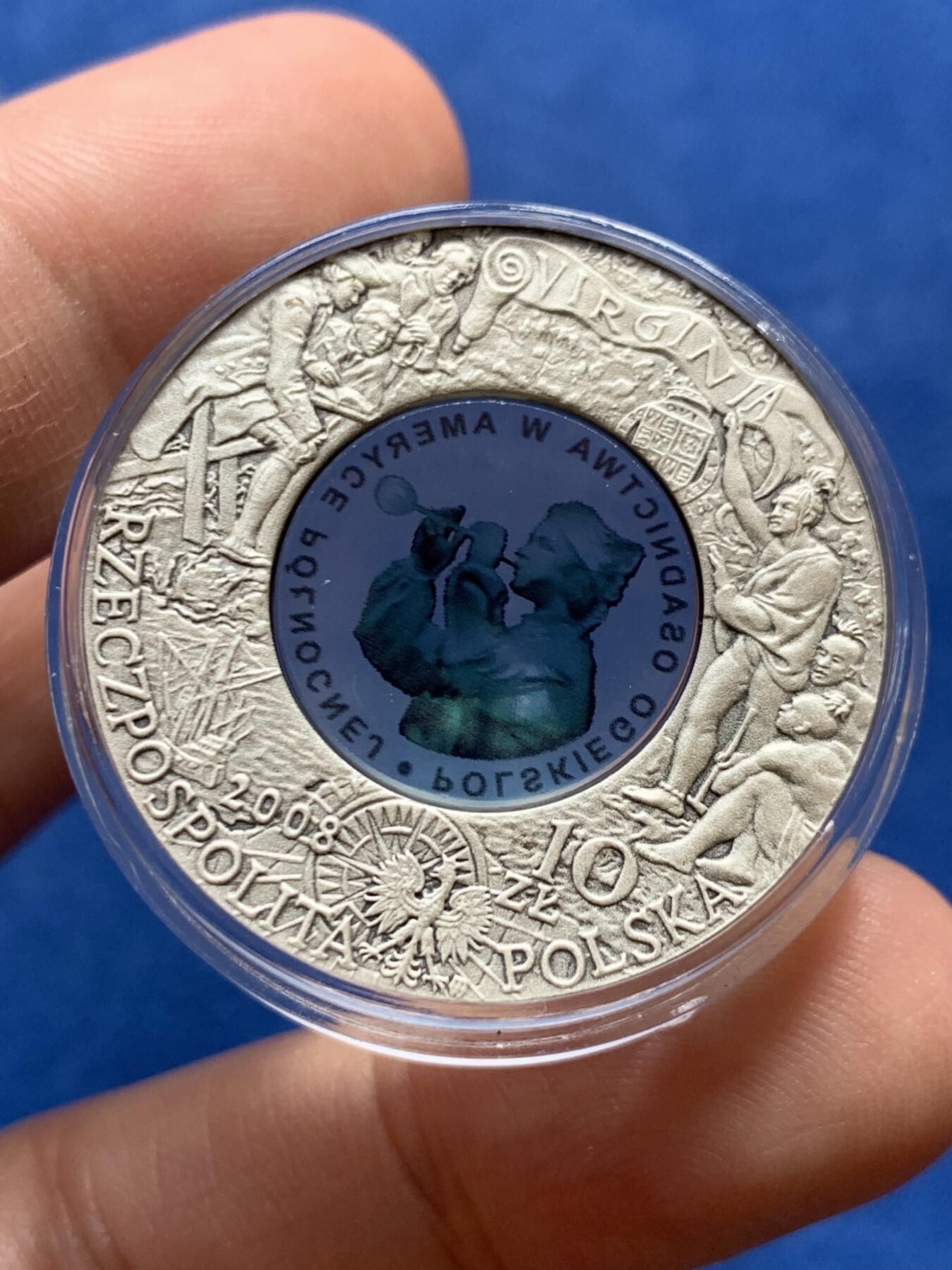 《竞宝斋》第438场 周日，周一，周二 3场连拍 （全场包邮） 波兰2008年10兹罗提精制银币 波兰人在北美定居400周年（詹姆斯敦，美国也发行相应主题纪念币。中间是玻璃） 14.14克 925银