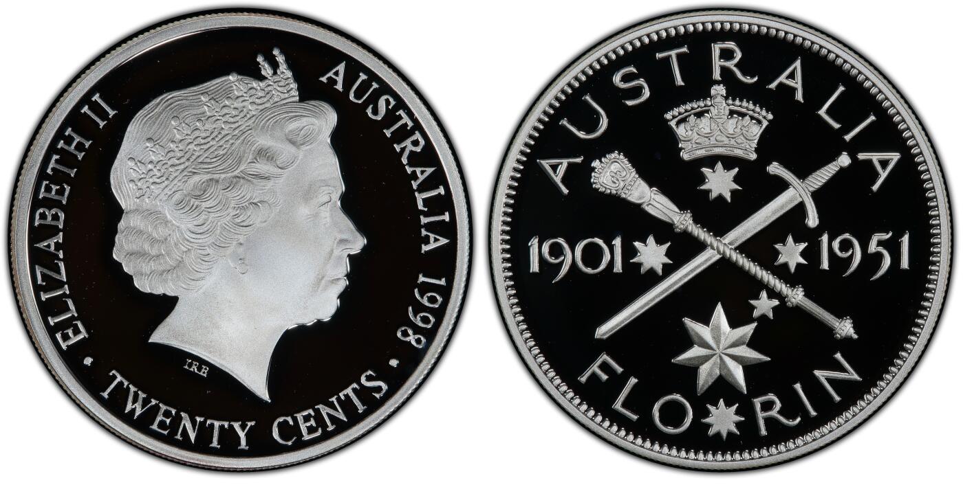 PThappally收藏第54次拍卖，英联邦地区硬币纸币 澳大利亚 1998 20分   13.36g 银币 PCGS PR69DCAM