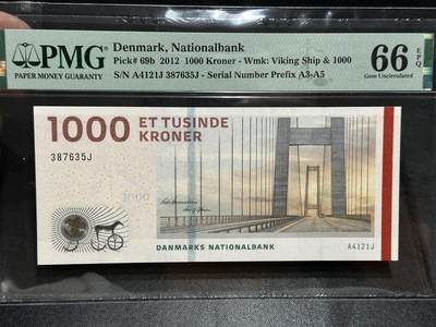《外钞收藏家》第五百八十五期（精品场）（本平台长期征集拍品、欢迎藏友们联系合作） - 丹麦2012年桥版1000克朗PMG66（号码内全程无4）